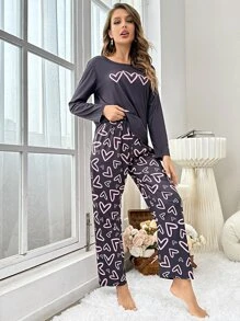 Heart Print Tee & Trousers PJ Set - Black - View 1