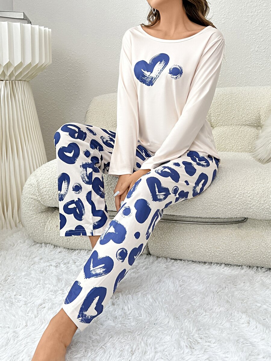 Heart Print Tee & Trousers PJ Set - Blue and White - View 1
