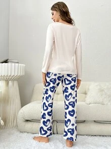 Heart Print Tee & Trousers PJ Set - Blue and White - View 2