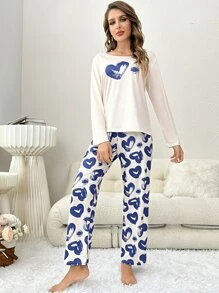 Heart Print Tee & Trousers PJ Set - Blue and White - View 4