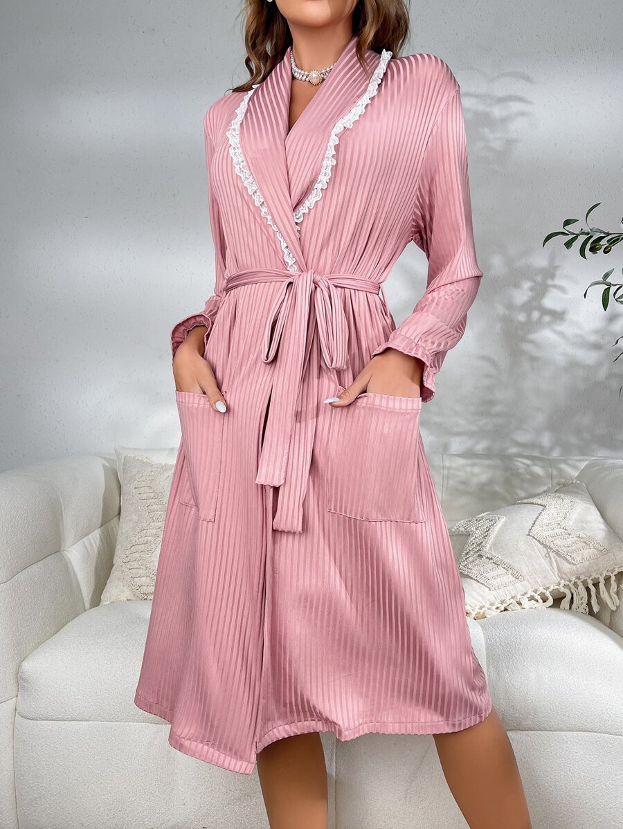 Bata con cinturón ribete con encaje con doble bolsillo - Rosa - Ver 1