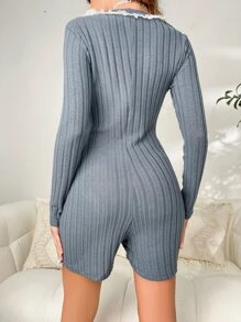 Contrast Lace Button Front Ribbed Knit Romper - Dusty Blue - View 2