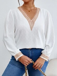 SHEIN Frenchy Blusa de lunares con encaje de manga farol - Blanco - Ver 1