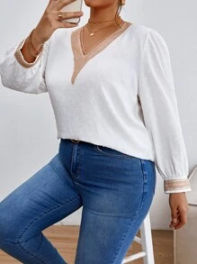 SHEIN Frenchy Blusa de lunares con encaje de manga farol - Blanco - Ver 3