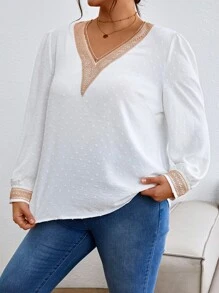 SHEIN Frenchy Blusa de lunares con encaje de manga farol - Blanco - Ver 4
