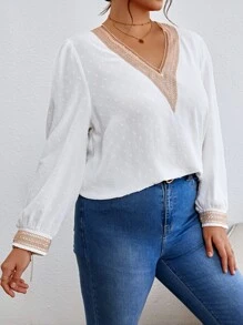 SHEIN Frenchy Blusa de lunares con encaje de manga farol - Blanco - Ver 5