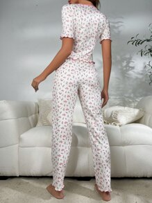 Ditsy Floral Print Tie Front Contrast Binding PJ Set - White - View 2