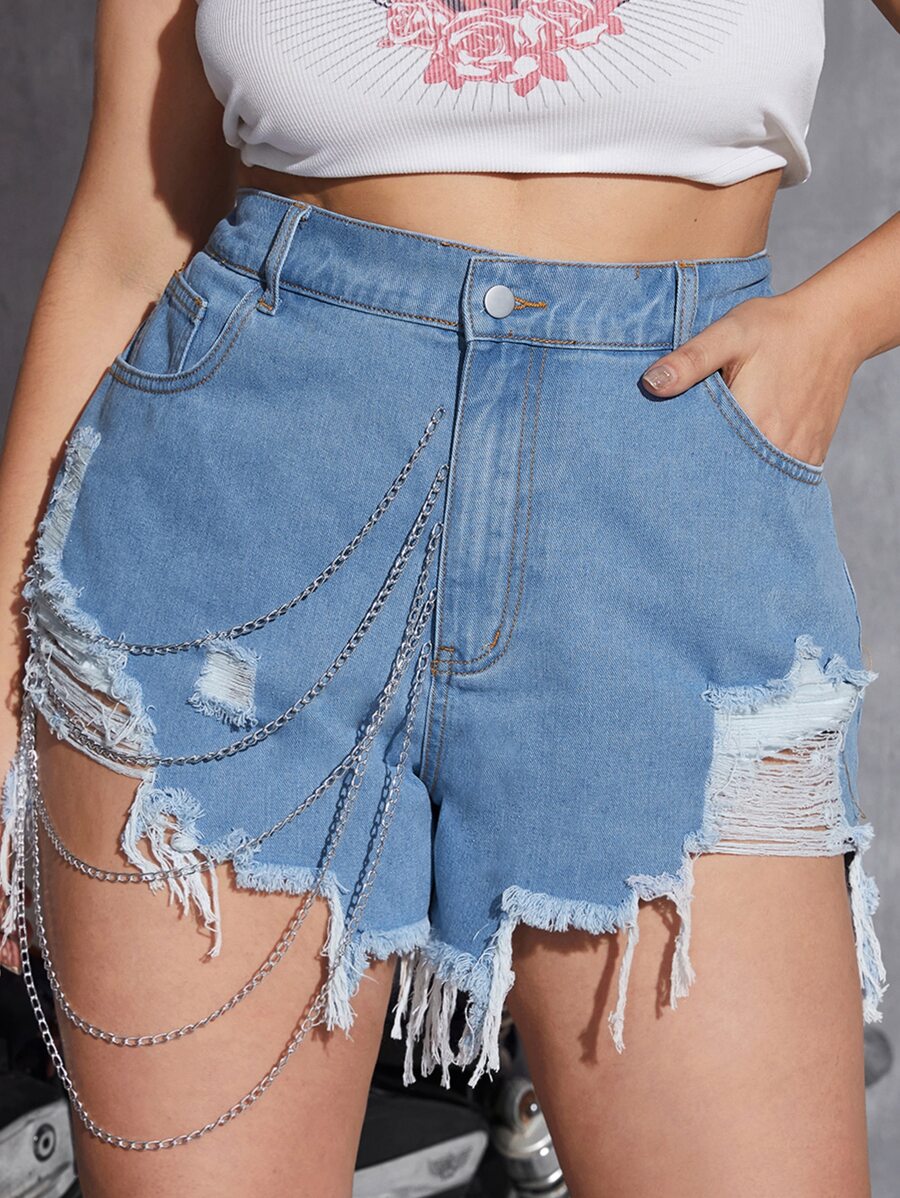 SHEIN ICON Plus Chain Detail Ripped Raw Hem Denim Shorts - Light Wash - View 1