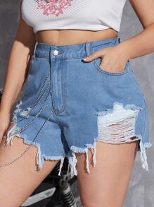 SHEIN ICON Plus Chain Detail Ripped Raw Hem Denim Shorts - Light Wash - View 3
