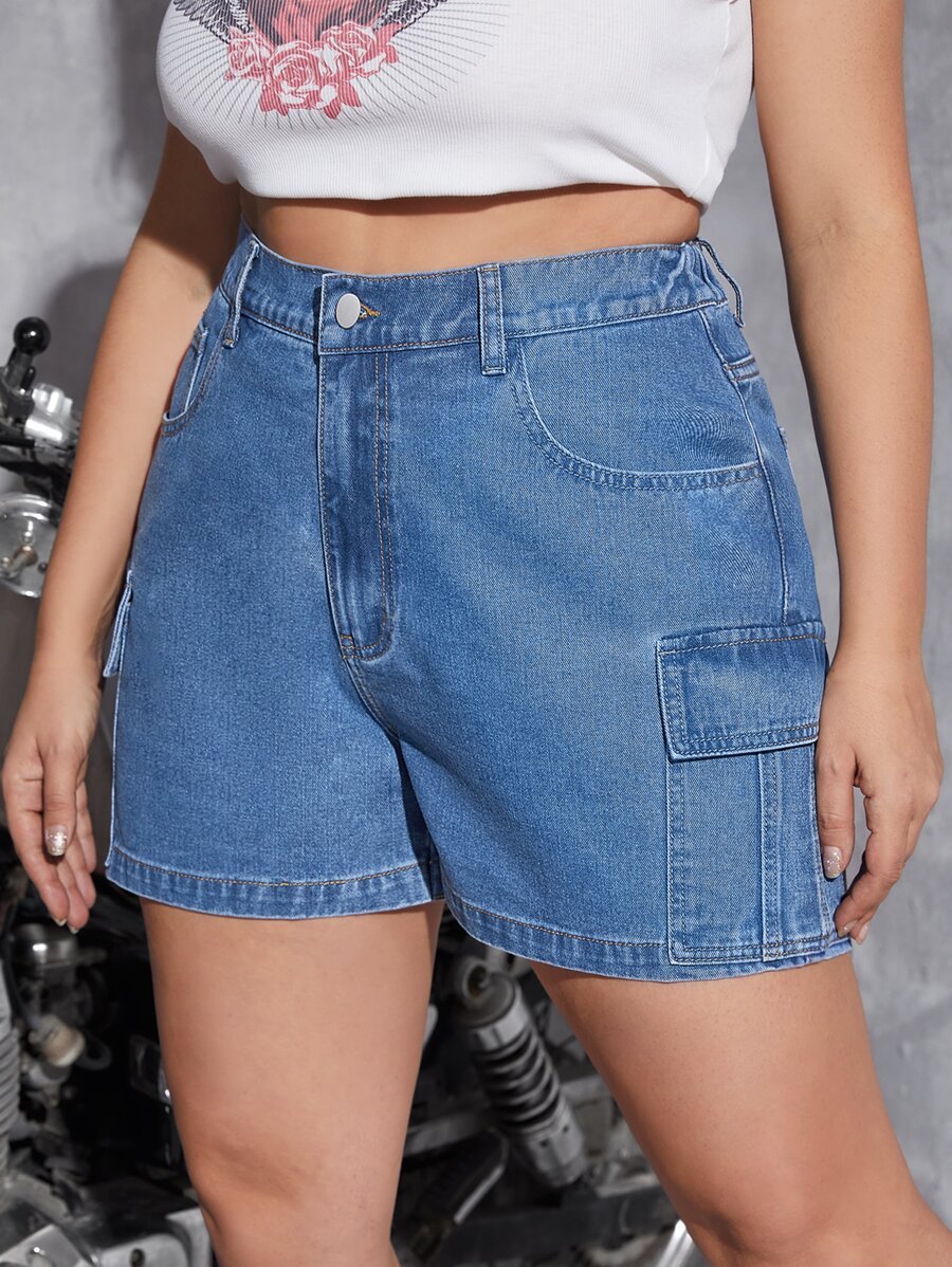 SHEIN ICON Quần short denim oversized Dây kéo Nút Túi màu trơn - Rửa trung bình - Xem 1