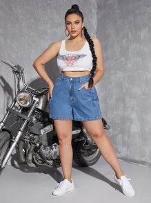 SHEIN ICON Quần short denim oversized Dây kéo Nút Túi màu trơn - Rửa trung bình - Xem 5