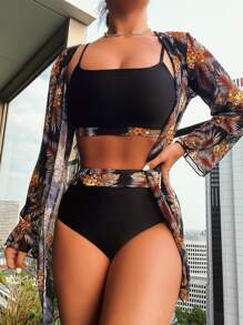 Summer Beach Random Tropical Print Bikini Set Wireless Bra Top & High Waist Bikini Bottom & Kimono 3 Pieces Bikini - Orange - View 1