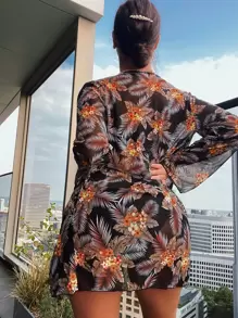 Summer Beach Random Tropical Print Bikini Set Wireless Bra Top & High Waist Bikini Bottom & Kimono 3 Pieces Bikini - Orange - View 2