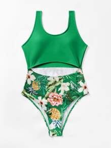 Random Floral Print Cut-out One Piece Swimsuit - Green - View 3