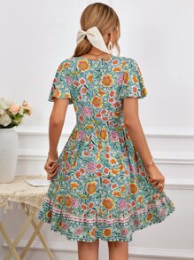 SHEIN VCAY Vestido con estampado floral de manga mariposa bajo con fruncido - Multicolor - Ver 5