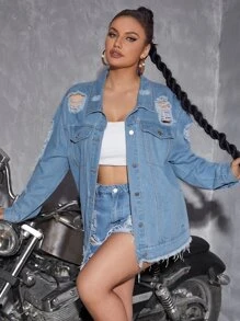 SHEIN SXY Plus Ripped Raw Hem Drop Shoulder Denim Jacket - Light Wash - View 2