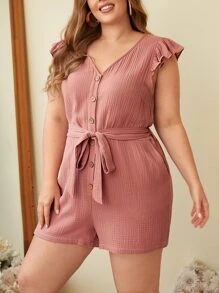 SHEIN LUNE Plus 1pc Button Front Belted Romper - Pink - View 4