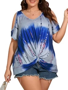 SHEIN LUNE Camiseta con dobladillo torcido y hombros descubiertos con efecto tie-dye - Multicolor - Ver 4