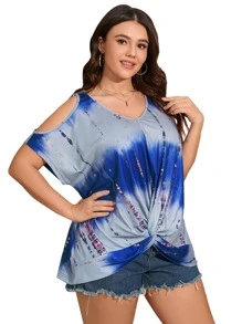 SHEIN LUNE Camiseta con dobladillo torcido y hombros descubiertos con efecto tie-dye - Multicolor - Ver 5