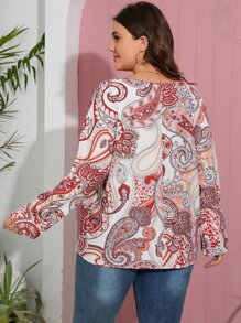 SHEIN LUNE Plus Paisley Print Roll Tab Sleeve Blouse - Multicolor - View 2