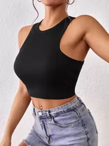 SHEIN Essnce Solid Crop Tank Top - Black - View 1