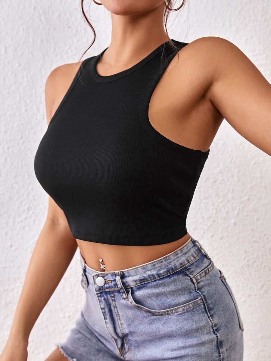 SHEIN Essnce Solid Crop Tank Top - Black - View 1