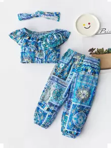 Bebé con estampado de pañuelo ribete con fruncido Pantalones con top & Accesorio Diadema - Multicolor - Ver 1