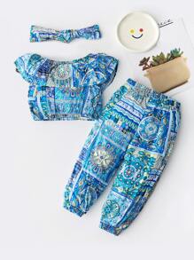 Bebé con estampado de pañuelo ribete con fruncido Pantalones con top & Accesorio Diadema - Multicolor - Ver 2