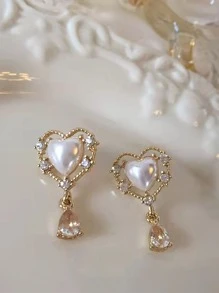 Rhinestone & Faux Pearl Decor Heart Drop Earrings - Yellow Gold - View 1