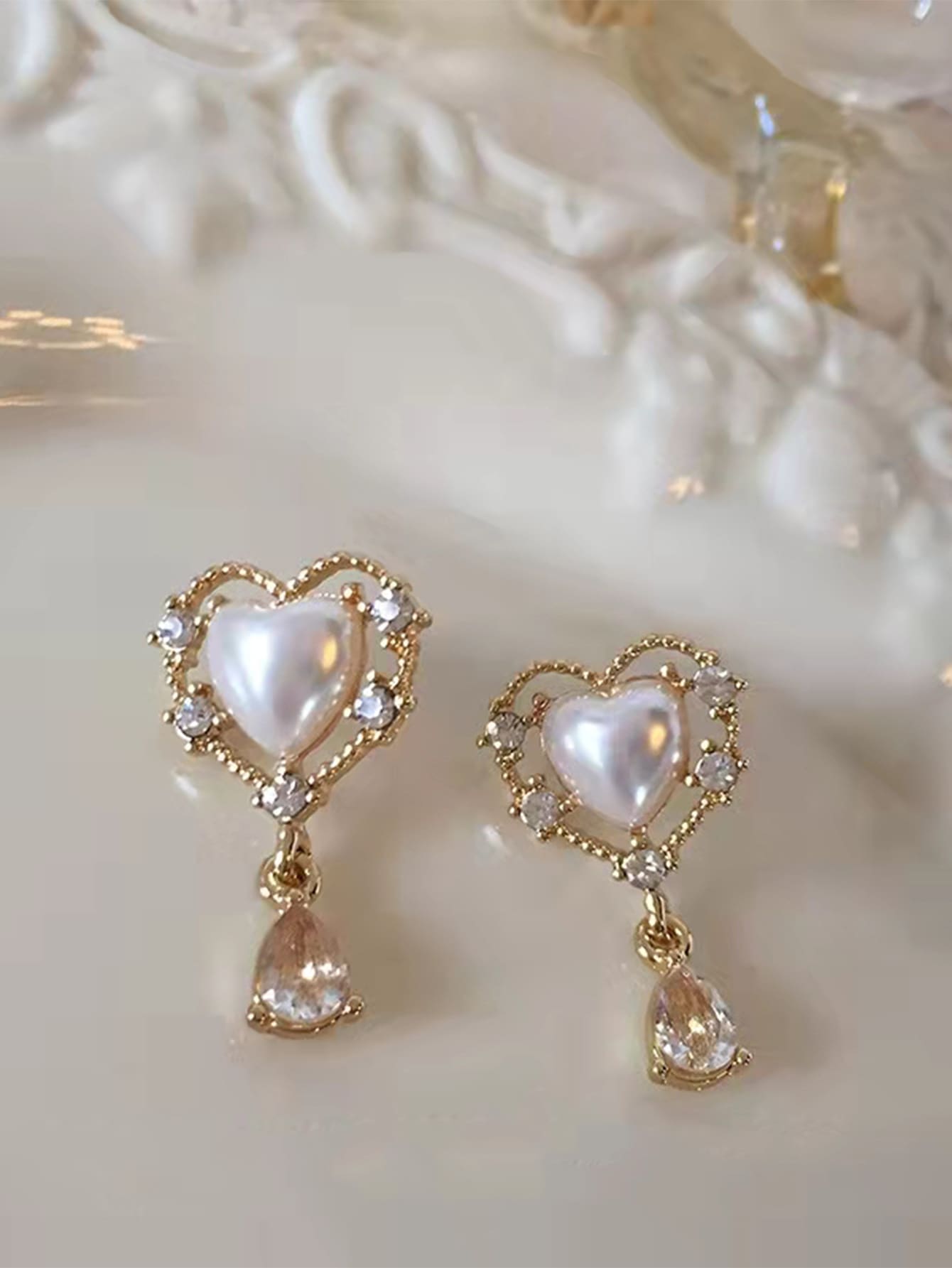 Rhinestone & Faux Pearl Decor Heart Drop Earrings - Yellow Gold - View 1
