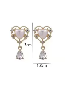Rhinestone & Faux Pearl Decor Heart Drop Earrings - Yellow Gold - View 3