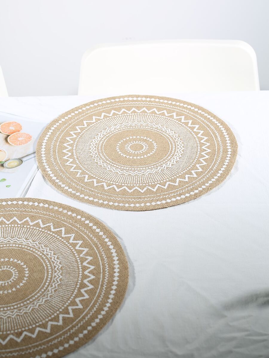 1pc Round Printed White Linen Placemat