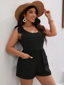 SHEIN VCAY Plus Tie Shoulder Pocket Patched Romper - Black - View 1