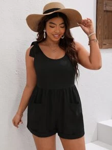 SHEIN VCAY Plus Tie Shoulder Pocket Patched Romper - Black - View 4