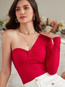 SHEIN Frenchy One Shoulder Twist Front Tee - Red - View 2