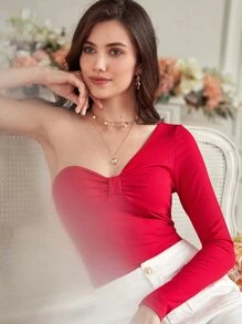 SHEIN Frenchy One Shoulder Twist Front Tee - Red - View 5
