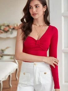 SHEIN Frenchy One Shoulder Twist Front Tee - Red - View 6