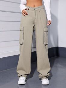 SHEIN Coolane Flap Pocket Cargo Jeans - Khaki - View 3