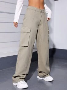 SHEIN Coolane Flap Pocket Cargo Jeans - Khaki - View 4