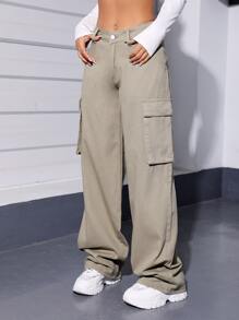 SHEIN Coolane Flap Pocket Cargo Jeans - Khaki - View 5