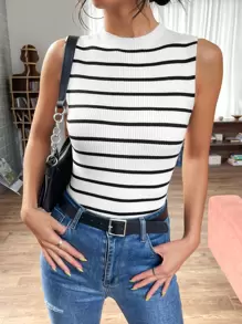 SHEIN Essnce Áo dệt kim nữ Chia Gân đan Sọc Giải trí - trắng - Xem 6