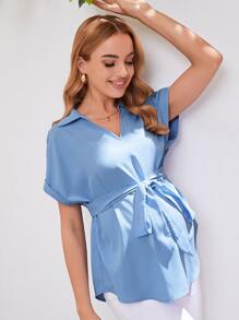 SHEIN 孕婦蝙蝠袖腰帶襯衫