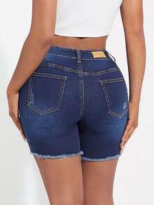 SHEIN SXY 破洞毛邊牛仔短褲 - 深色水洗藍 - 查看 3