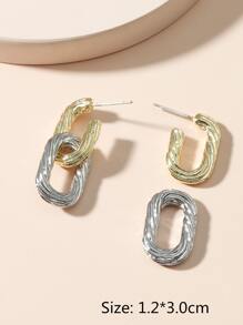 2pcs Oval Shaped Two-tone Earrings - Multicolor - View 3