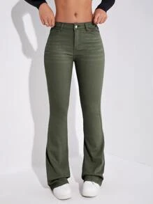 SHEIN Frenchy Slant Pocket Bootcut Leg Jeans Green Green - Army Green - View 1