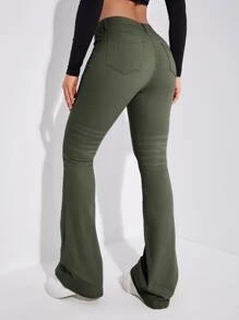 SHEIN Frenchy Slant Pocket Bootcut Leg Jeans Green Green - Army Green - View 2