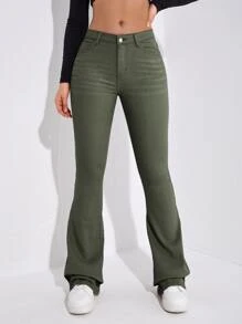 SHEIN Frenchy Slant Pocket Bootcut Leg Jeans Green Green - Army Green - View 3