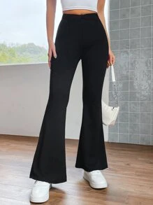 SHEIN EZwear Balletcore Quần ống loe Chất rắn - màu đen - Xem 4