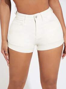 SHEIN SXY Quần short denim nữ Nút Túi Dây kéo màu trơn - trắng - Xem 5