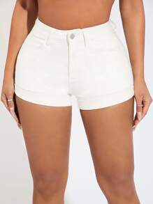 SHEIN SXY Quần short denim nữ Nút Túi Dây kéo màu trơn - trắng - Xem 3